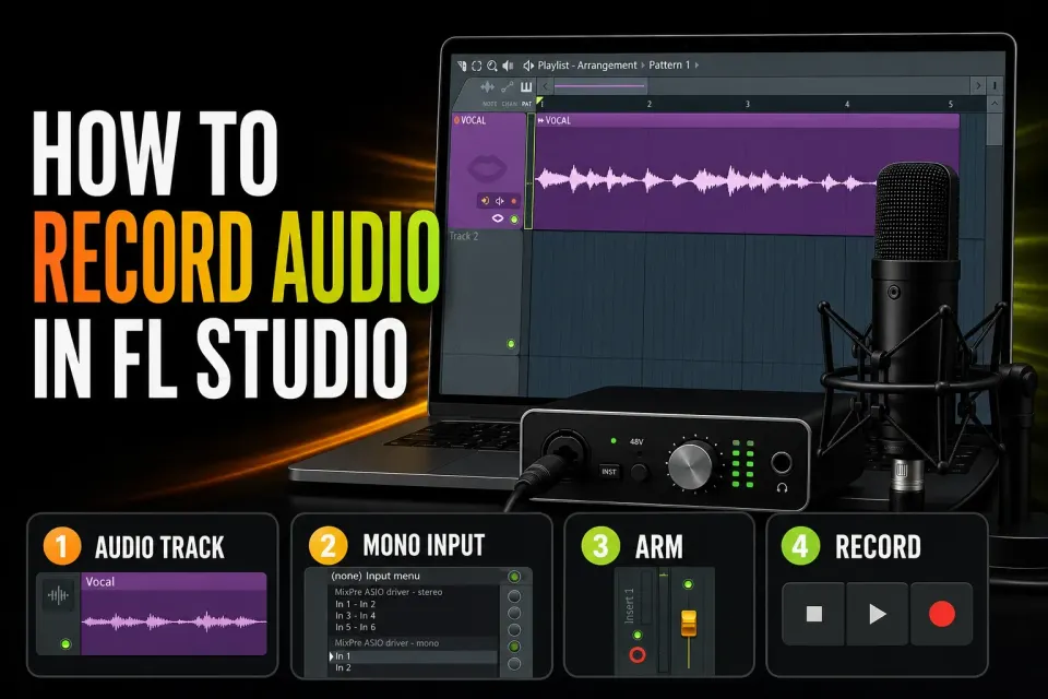 Microphone audio interface and vocal waveform recorded into an FL Studio Playlist