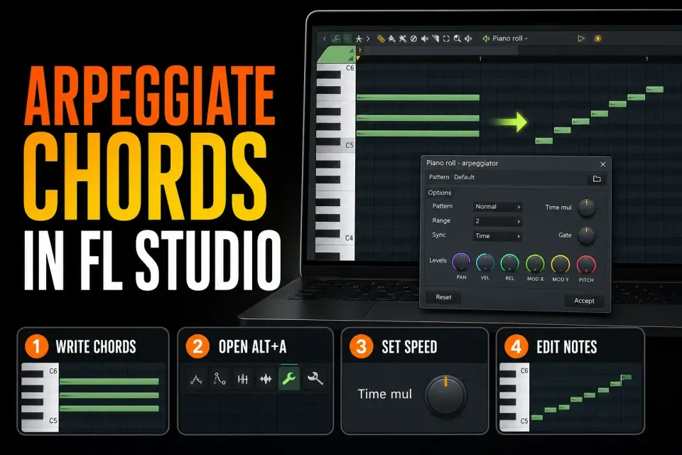 FL Studio chord transformed into a controlled arpeggio with editable Piano roll notes