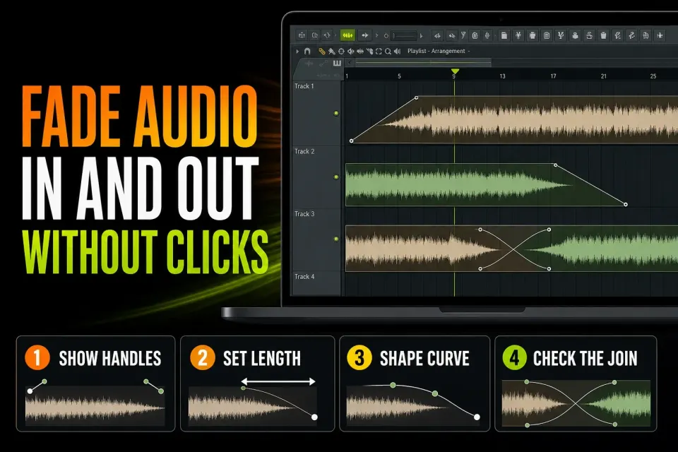 FL Studio Audio Clip fade handles shaping a clean fade-in and fade-out without clicks