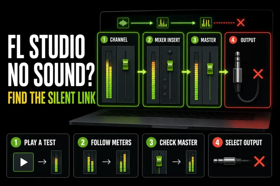 FL Studio no-sound signal path from Channel Rack through Mixer Master to audio output