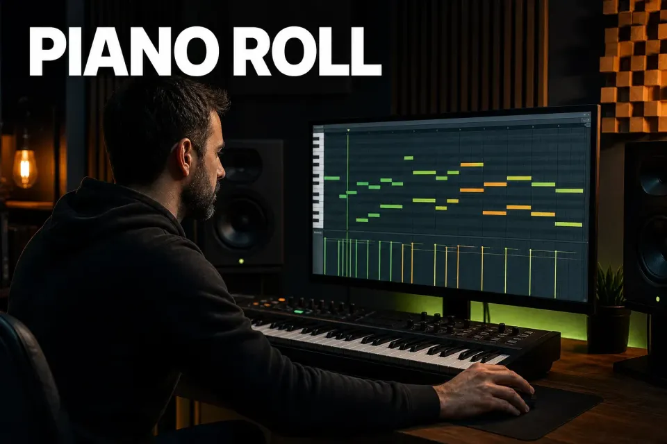 Producer editing a melody in the FL Studio Piano Roll on a studio monitor