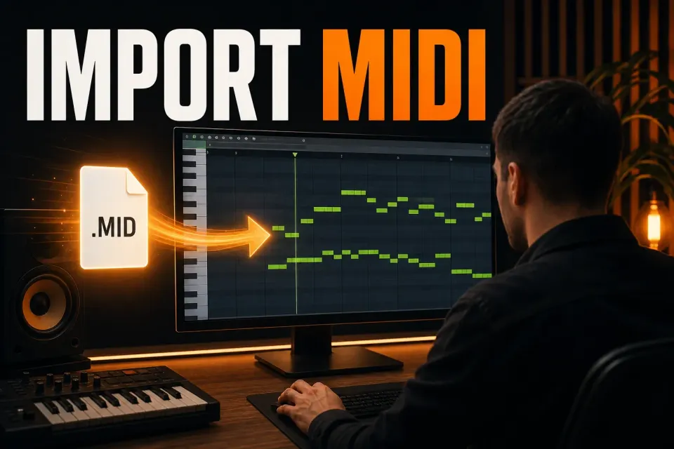 A MIDI file pointing toward an FL Studio display in a producer’s studio