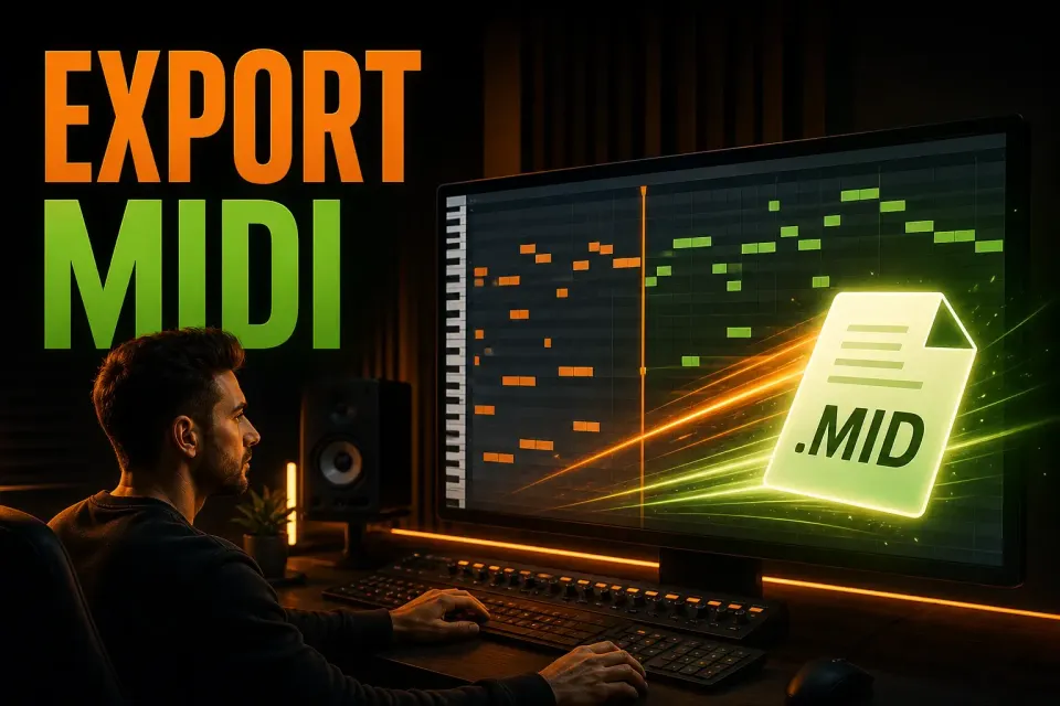 Producer beside a stylized FL Studio display with a .mid file and Export MIDI title
