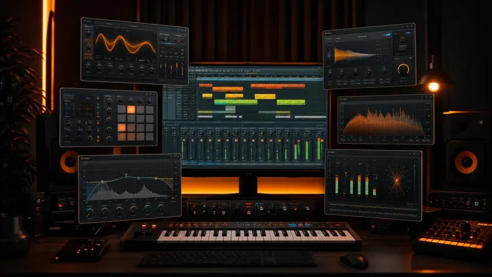 FL Studio production desk surrounded by free synth drum mixing and metering plugin controls