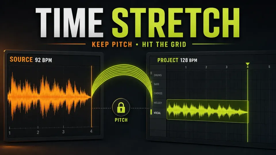 FL Studio time-stretch guide with a loop fitted to a grid while keeping its pitch