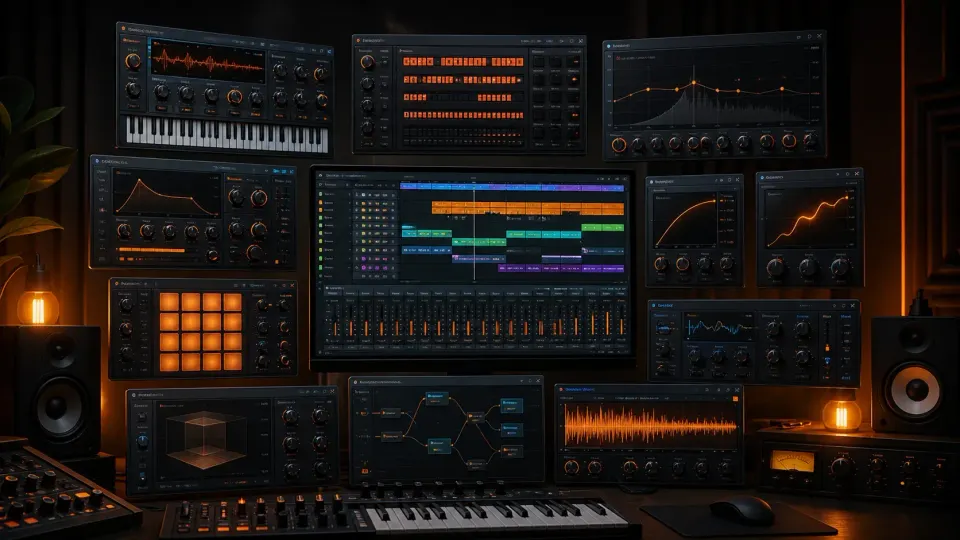 FL Studio production desk built around native instruments effects editors and routing tools