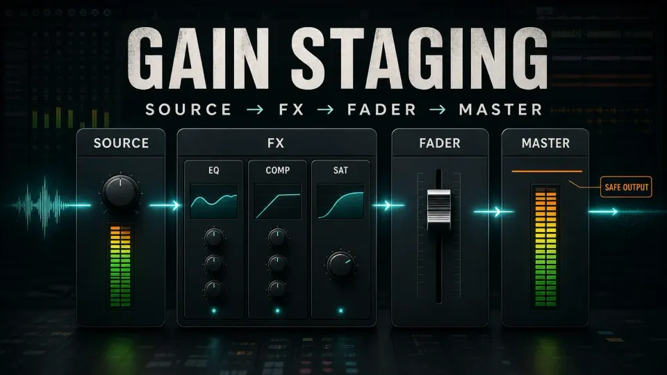 Gain staging from source and effects through a Mixer fader to the Master output