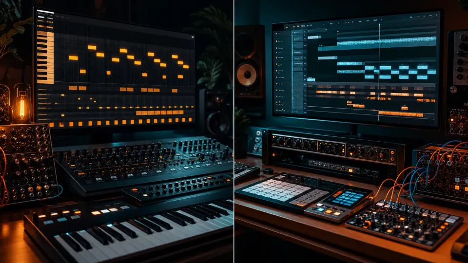 Two contrasting music production workspaces representing FL Studio pattern building and Ableton Live clip performance
