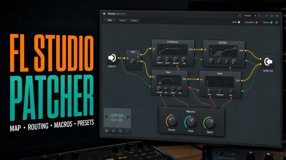 FL Studio Patcher cover with modular map audio event parameter routing macros and presets