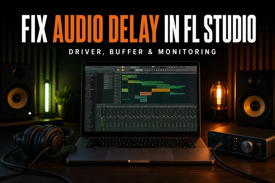 FL Studio audio delay guide with laptop, headphones and audio interface in a dark studio