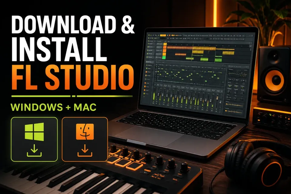FL Studio download and installation guide for Windows and Mac in a music workspace
