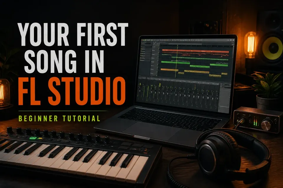 Beginner producing a first song in FL Studio with the Playlist and Mixer open