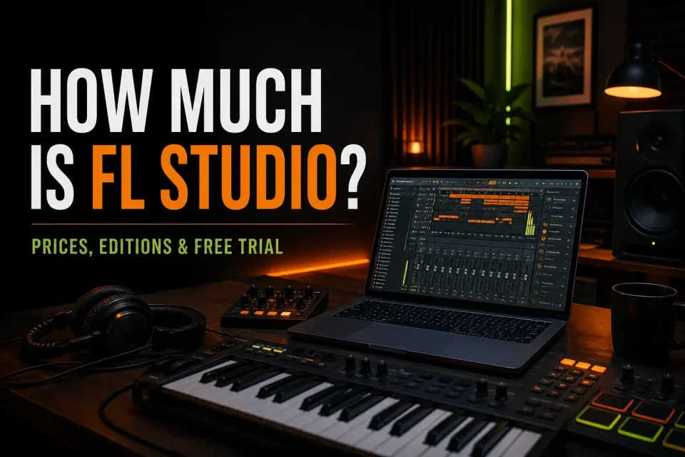 How much is FL Studio editorial cover with a music production desk and DAW laptop