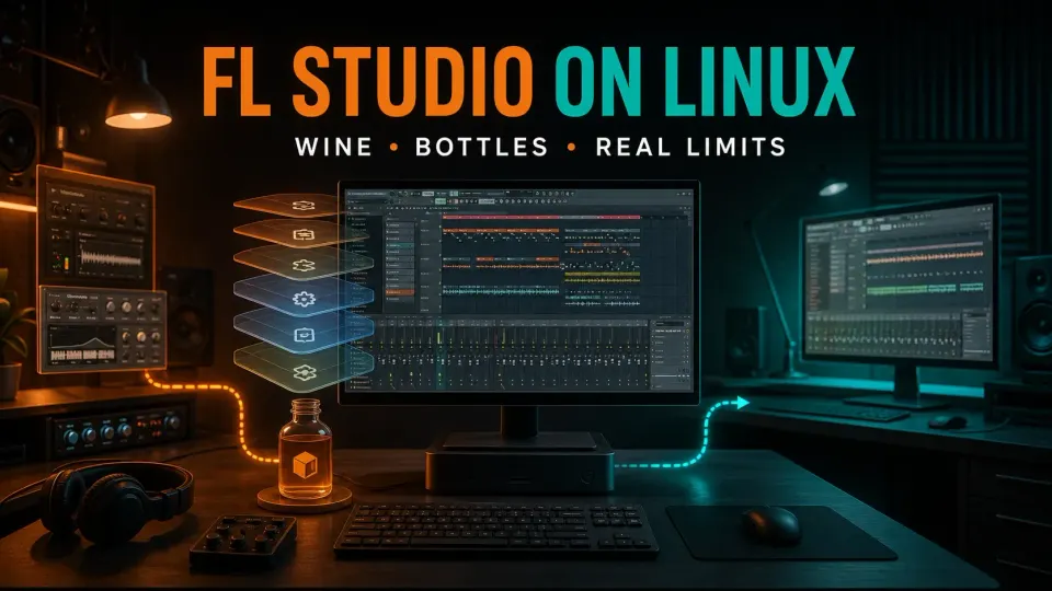 FL Studio music workstation with Wine and Bottles motifs and a separate studio computer