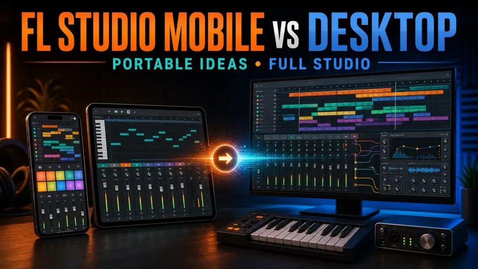 FL Studio Mobile on a phone and tablet beside a Desktop music workstation