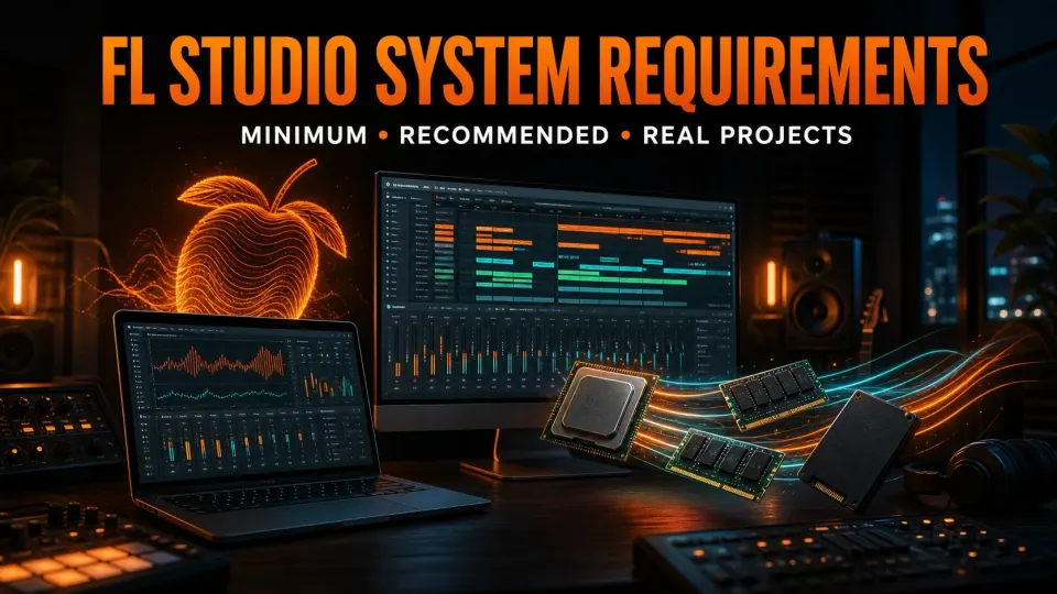 FL Studio system requirements guide comparing minimum specifications with a real production workstation