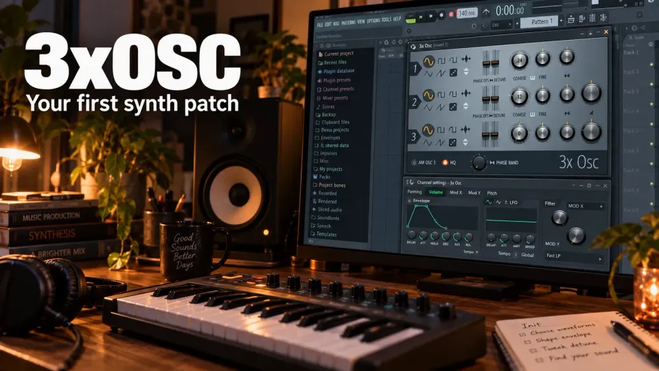 MIDI keyboard at a studio desk with 3xOSC and its Channel envelope open in FL Studio