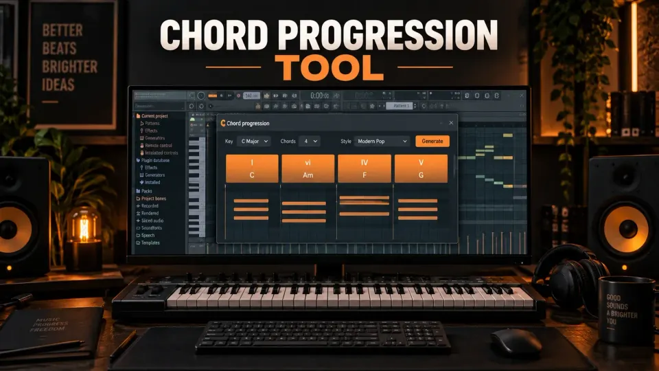 Producer building a chord progression in FL Studio on a large studio monitor