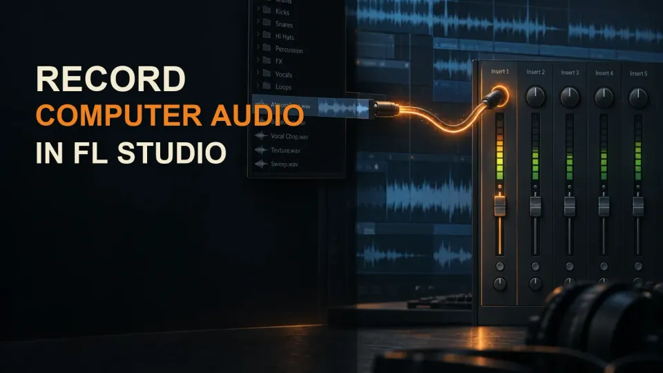 FL Studio computer-audio recording route with a browser waveform, virtual cable and Mixer Insert