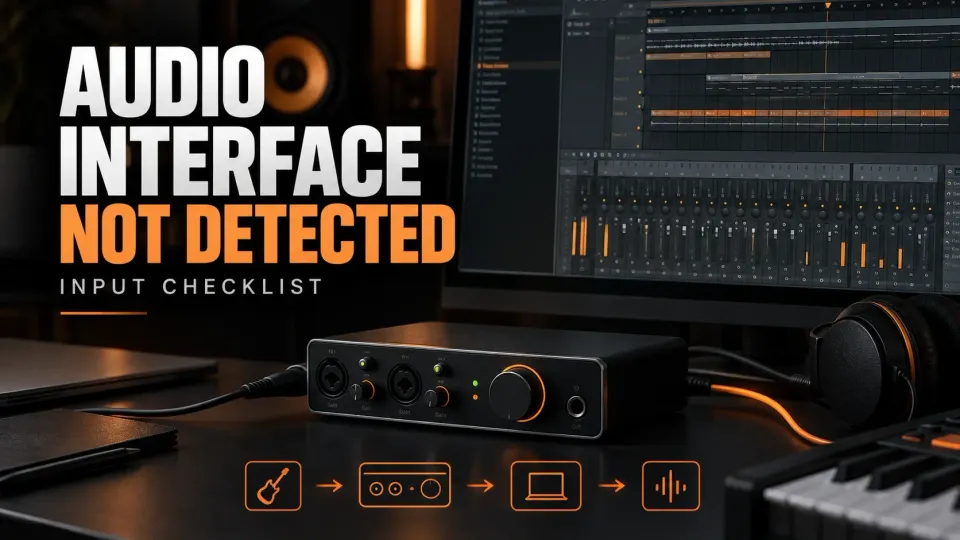 FL Studio audio interface troubleshooting cover with a connected interface and Mixer input path