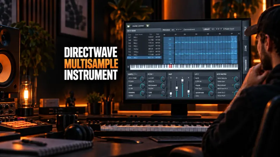 Producer building a multisample instrument in DirectWave in an orange-lit studio