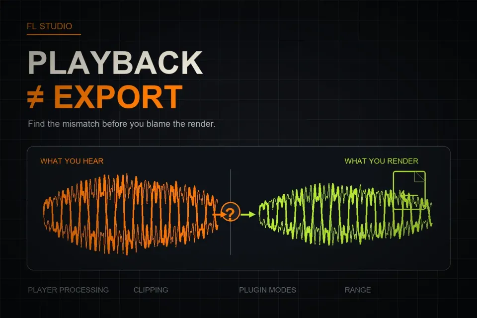 Editorial diagram comparing FL Studio playback with an exported audio file using orange and lime waveforms