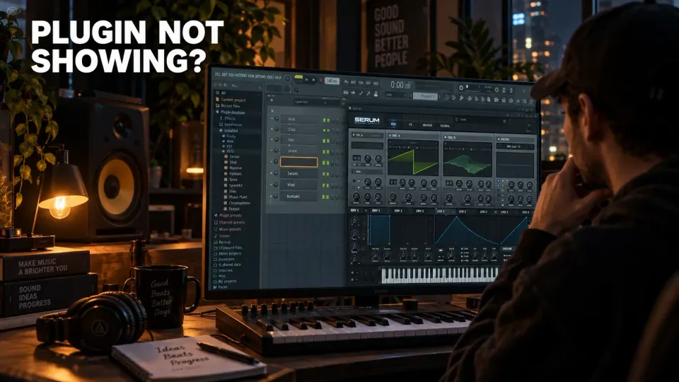 Producer checking a missing instrument beside an open synthesizer in an FL Studio-style workspace