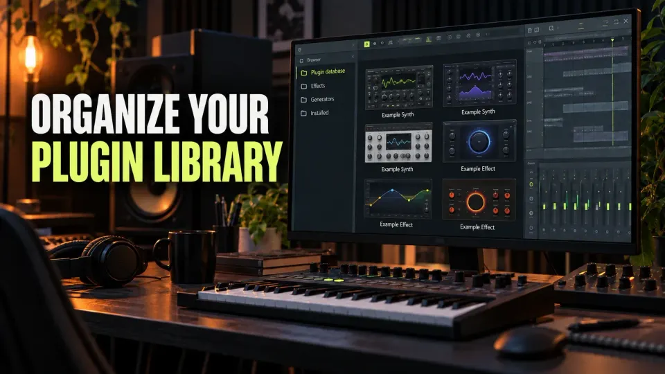 Curated FL Studio plugin library on a studio monitor beside a MIDI keyboard