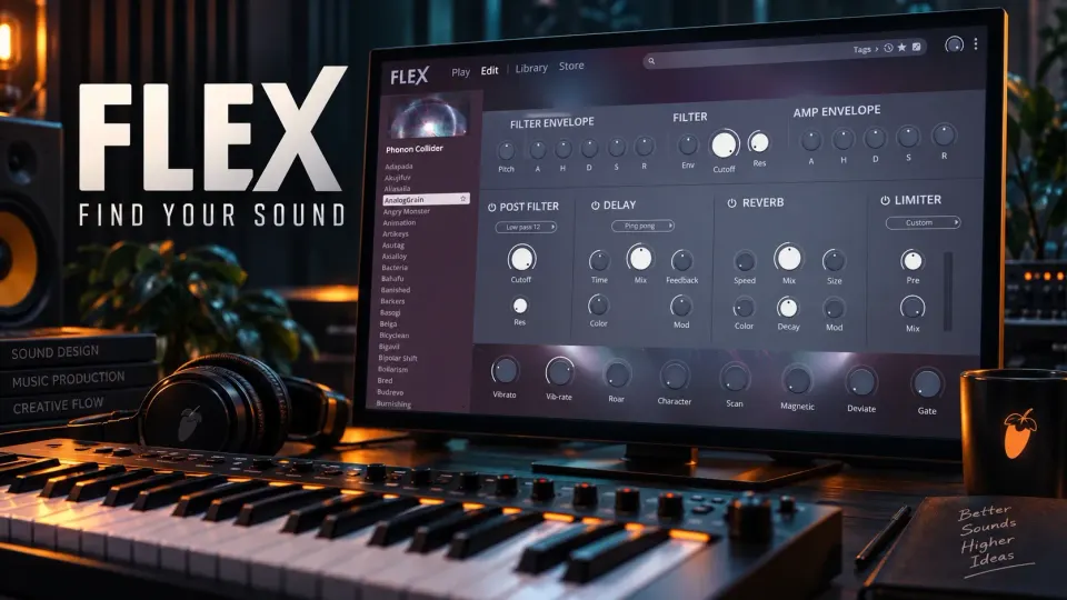 FLEX Edit controls on a studio monitor above a MIDI keyboard