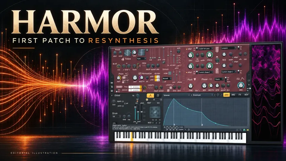 Harmor's synthesis panel and envelope beside orange and purple partials