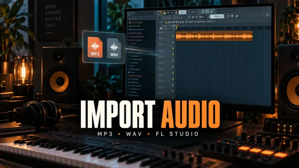 FL Studio Playlist with imported audio waveform and MP3 and WAV file formats