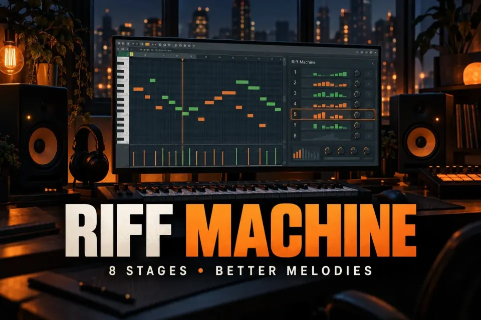 FL Studio Riff Machine melody workflow with progression arpeggiation groove and key fitting