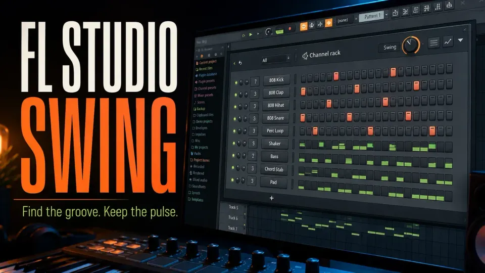 FL Studio Channel Rack with the Swing control above a drum sequence in a production workspace