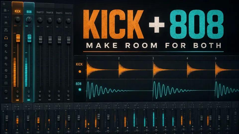 Kick and 808 Mixer channels with short drum hits above a sustained bass phrase
