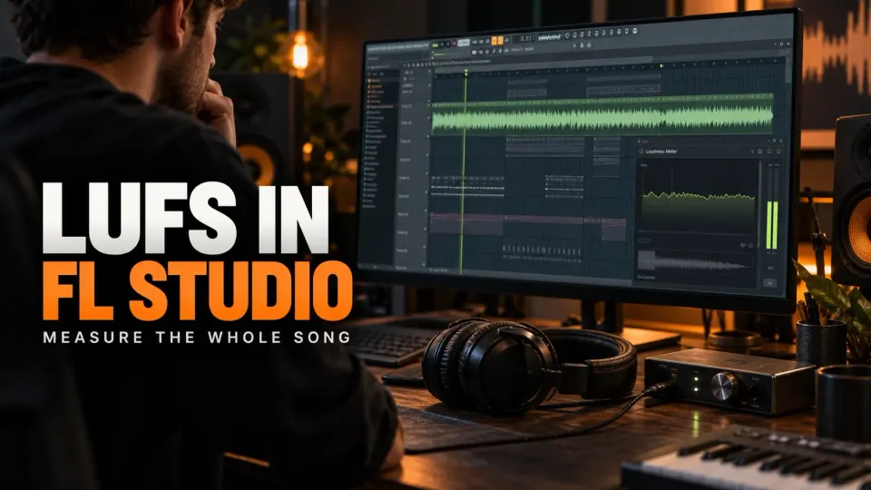 FL Studio arrangement and loudness meter on a studio monitor beside headphones and an audio interface