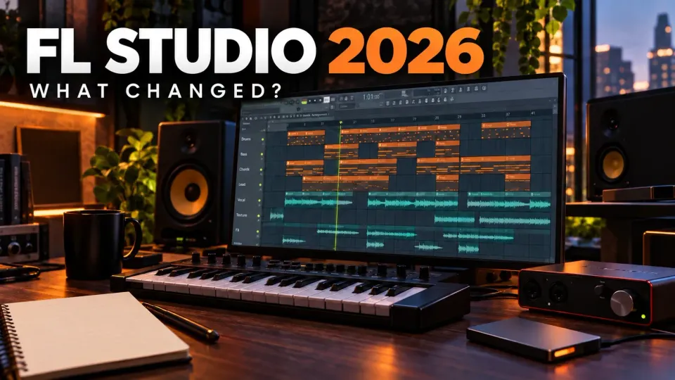 FL Studio 2026 arrangement on a studio monitor beside a MIDI keyboard and backup drive