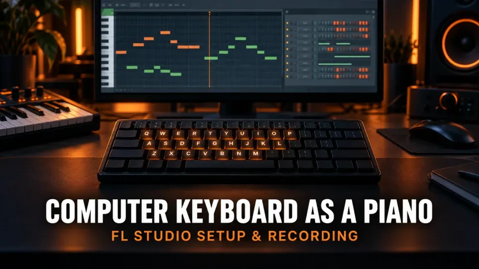 Computer keyboard set up as a piano controller with FL Studio Piano Roll and Channel Rack