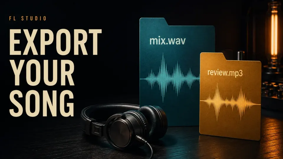 FL Studio song export with a WAV mix, MP3 review copy and headphones