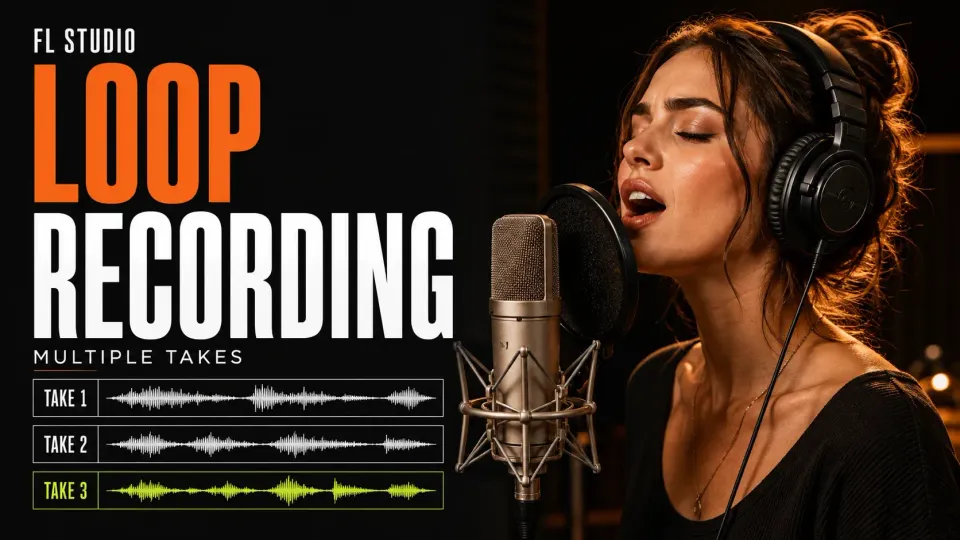 Vocalist recording FL Studio loop takes, with three separate performances ready to compare
