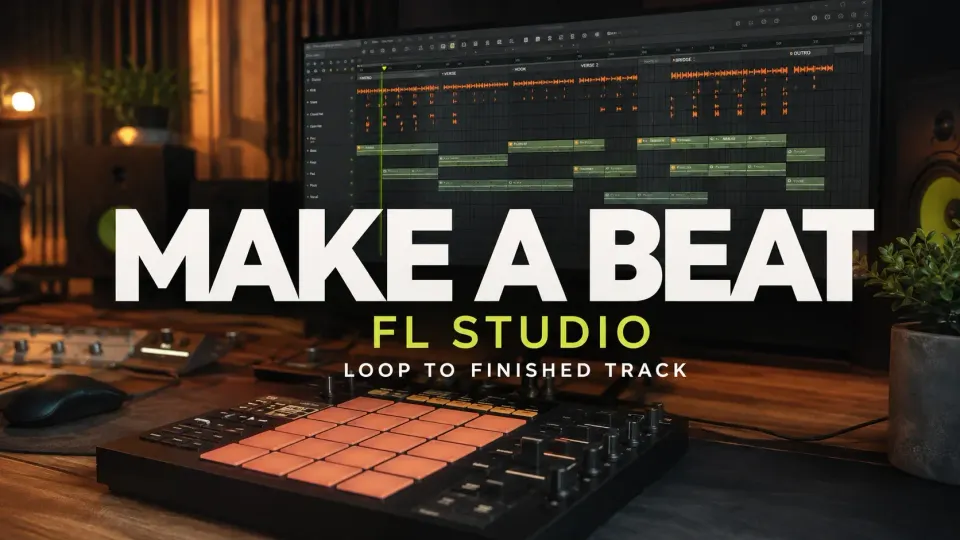 Beat controller beside an FL Studio-style Playlist arranged into song sections
