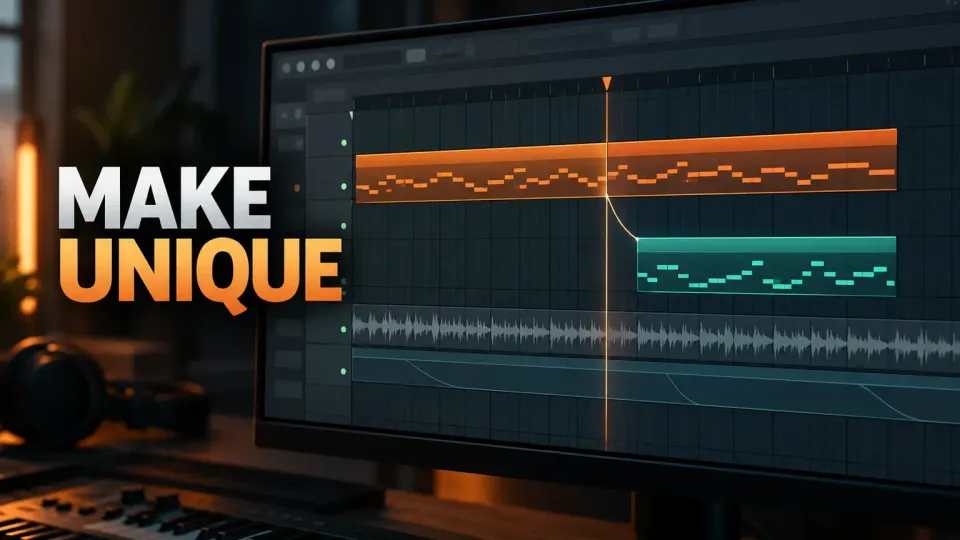 FL Studio Make Unique workflow with related Playlist clips and an independent variation