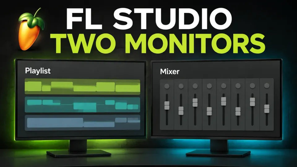 FL Studio two-monitor layout with the Playlist on one display and Mixer on the other