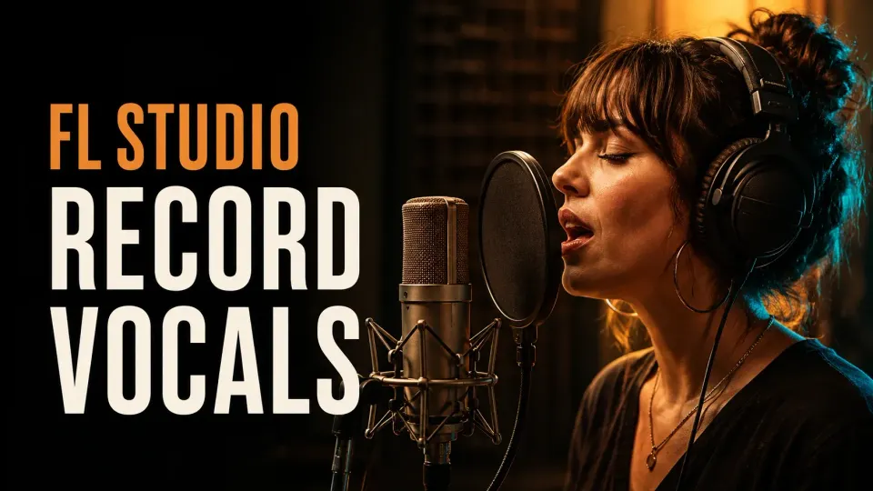 Vocalist wearing headphones at a microphone and pop filter for an FL Studio recording session
