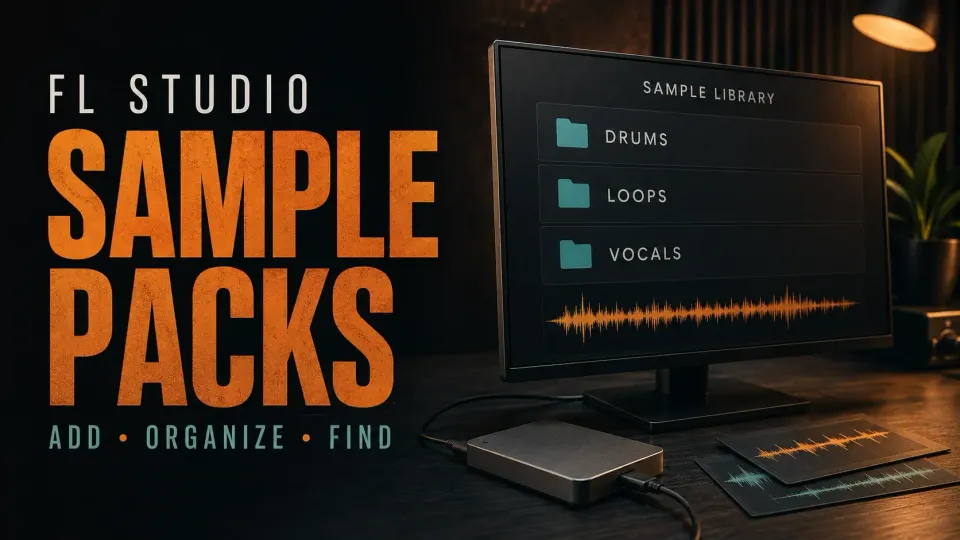 FL Studio sample-pack library with drum, loop and vocal folders beside an external SSD