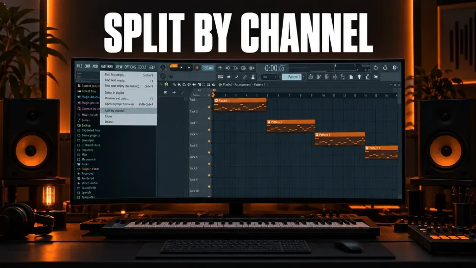 FL Studio Pattern menu and separated Channel Patterns in a dark music production studio