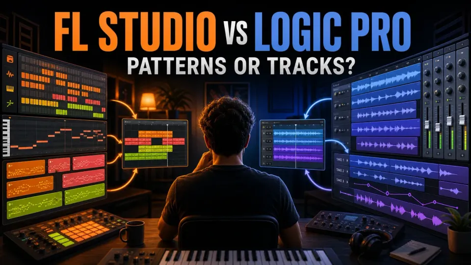 FL Studio patterns and Logic Pro recording tracks in a studio comparison