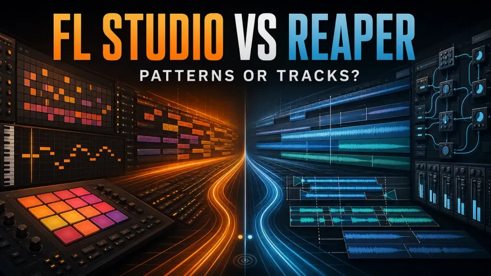 FL Studio pattern production and REAPER track-based recording in an orange and blue studio illustration