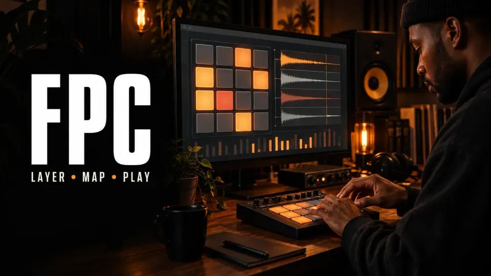 Producer playing drum pads beside a glowing velocity-layer display under the title FPC