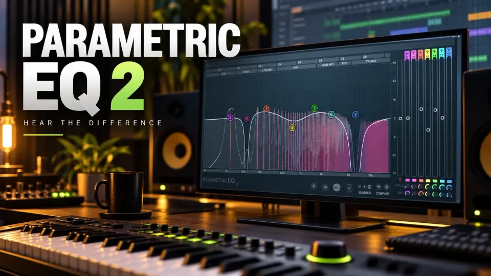 Fruity Parametric EQ 2 on a studio monitor beside a keyboard controller
