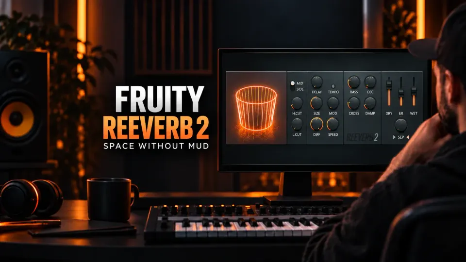 Producer shaping Fruity Reeverb 2 in a dark orange-lit studio